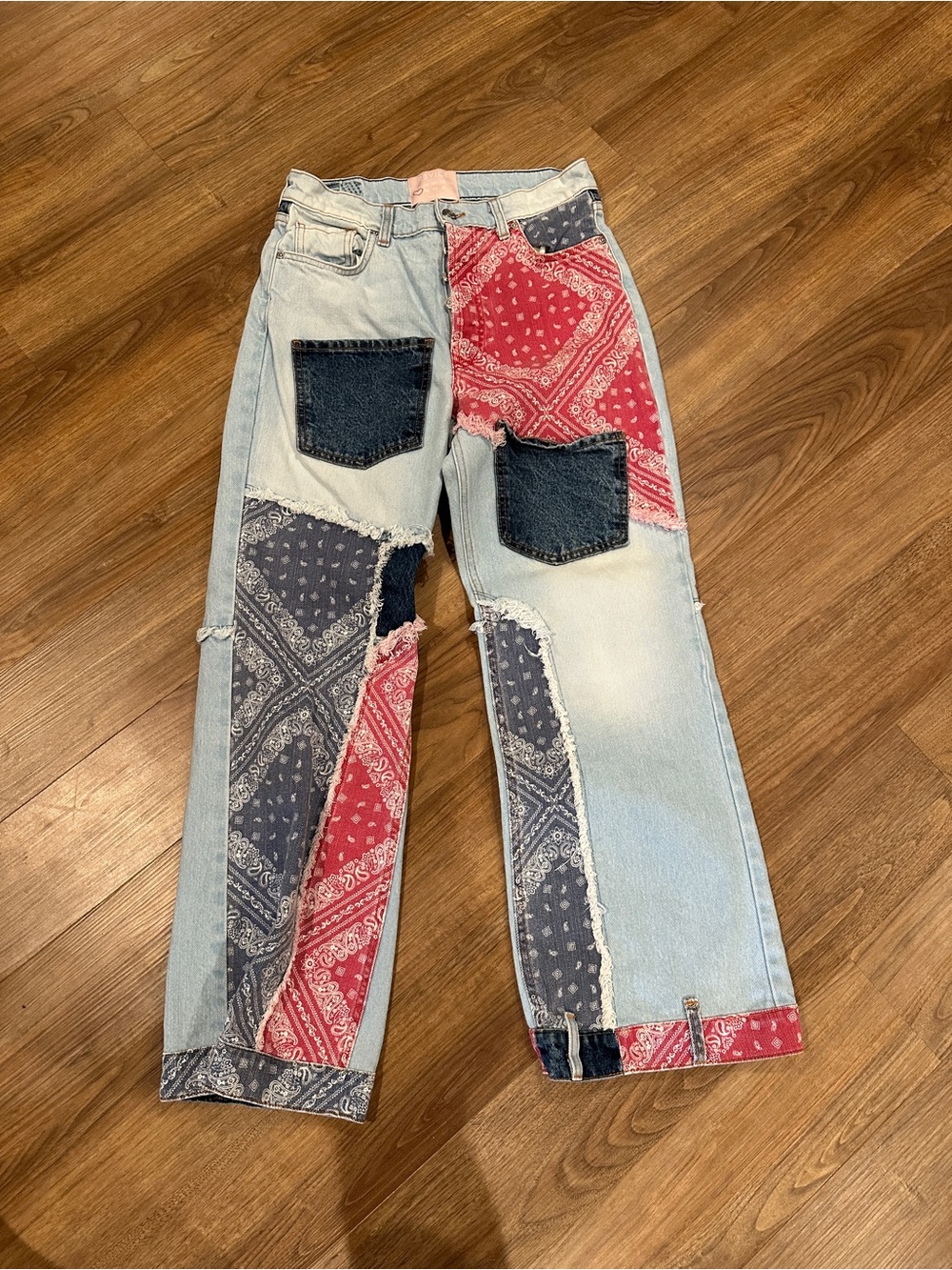 REVICE Light-Wash Boyfriend Jeans with Red & Navy Bandana Patchwork